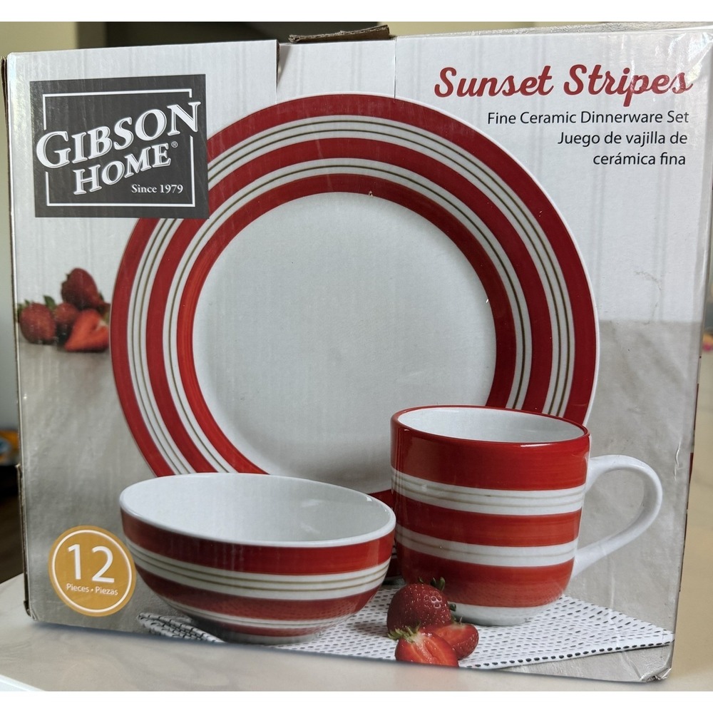 Gibson Home Sunset Stripes 12pc Ceramic Dinner Set 4 Settings Red/White